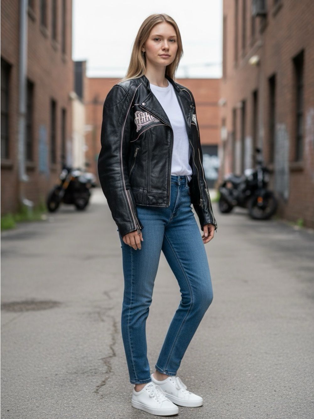 Harley-Davidson Women’s Y2K Leather Motorcycle Jacket Black Pink Embroidered S